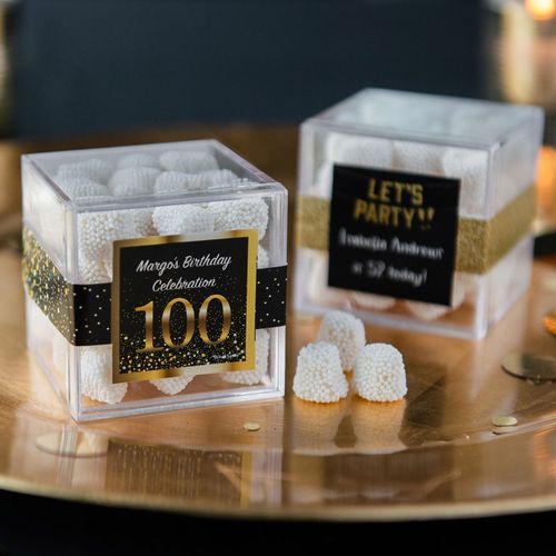 Personalized Milestone 100th Birthday JUST CANDY® favor cube with Jelly Belly Gumdrops