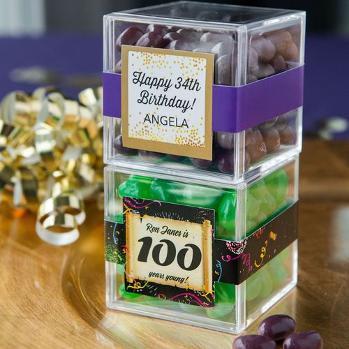 Personalized Milestone 100th Birthday JUST CANDY® favor cube with Jelly Belly Jelly Beans