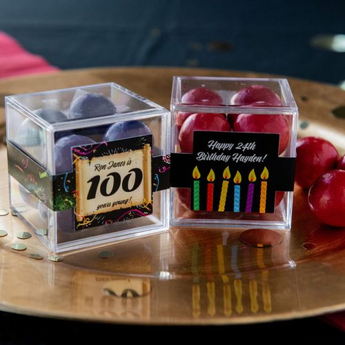 Personalized Milestone 100th Birthday JUST CANDY® favor cube with Premium Malted Milk Balls