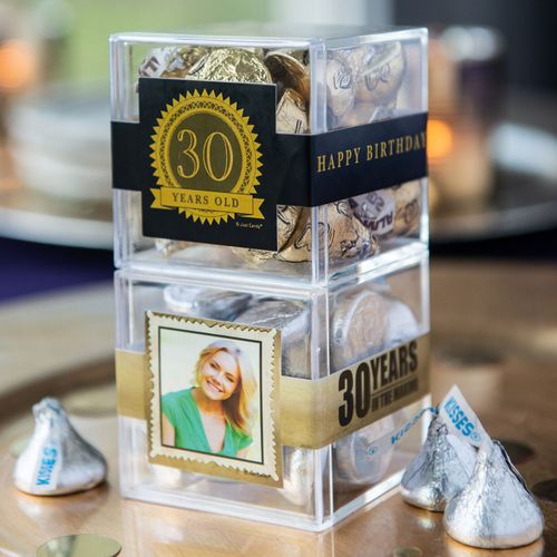 Personalized Milestone 30th Birthday JUST CANDY® favor cube with Hershey's Kisses
