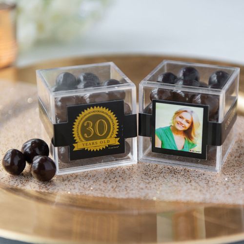 Personalized Milestone 30th Birthday JUST CANDY® favor cube with Premium Rum Cordials - Dark Chocolate