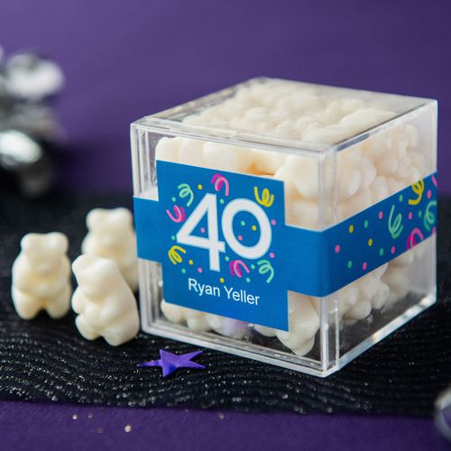 Personalized Milestone 40th Birthday JUST CANDY® favor cube with Gummy Bears