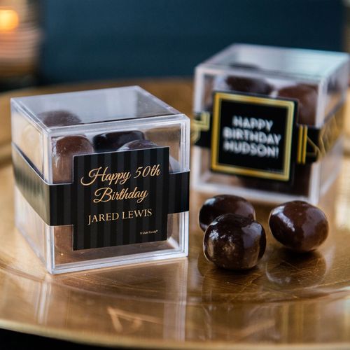 Personalized Milestone 50th Birthday JUST CANDY® favor cube with Premium Milk & Dark Chocolate Sea Salt Caramels