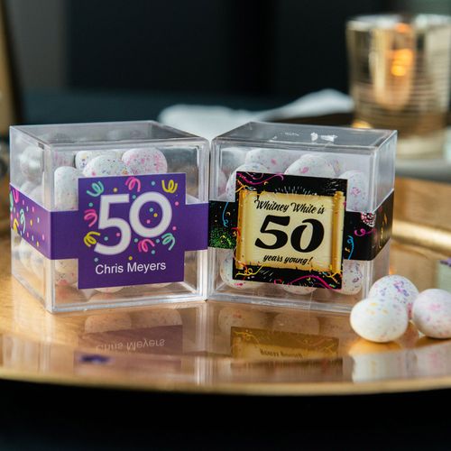 Personalized Milestone 50th Birthday JUST CANDY® favor cube with Premium Confetti Cookie Bites