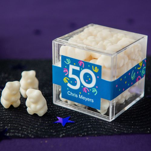Personalized Milestone 50th Birthday JUST CANDY® favor cube with Gummy Bears