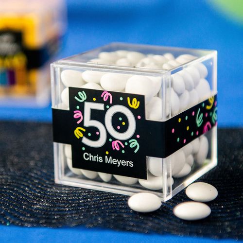 Personalized Milestone 50th Birthday JUST CANDY® favor cube with Just Candy Milk Chocolate Minis