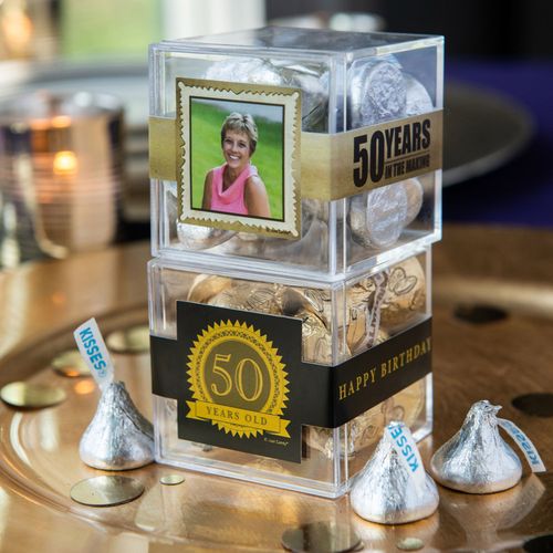 Personalized Milestone 50th Birthday JUST CANDY® favor cube with Hershey's Kisses