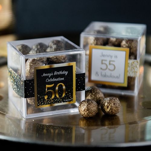 Personalized Milestone 50th Birthday JUST CANDY® favor cube with Premium Sparkling Prosecco Cordials - Dark Chocolate