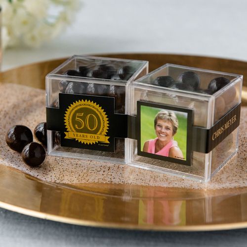 Personalized Milestone 50th Birthday JUST CANDY® favor cube with Premium Rum Cordials - Dark Chocolate