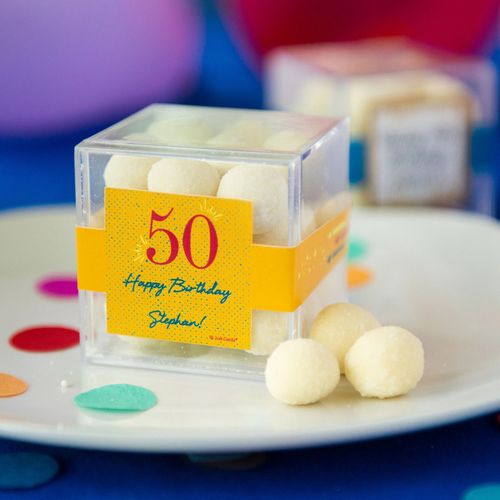 Personalized Milestone 50th Birthday JUST CANDY® favor cube with Premium Sugar Cookie Bites