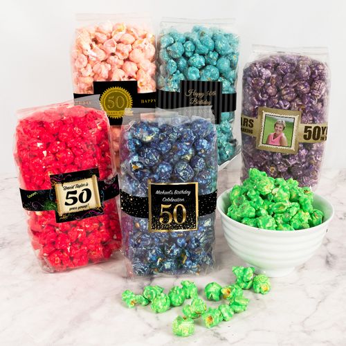 Personalized Milestone 50th Birthday Candy Coated Popcorn 8 oz Bags