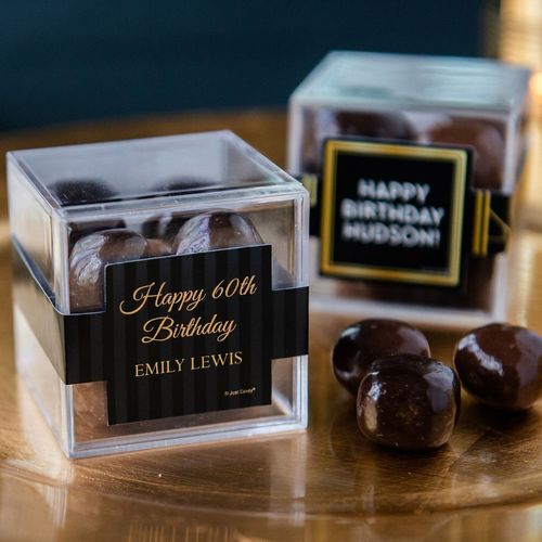Personalized Milestone 60th Birthday JUST CANDY® favor cube with Premium Milk & Dark Chocolate Sea Salt Caramels