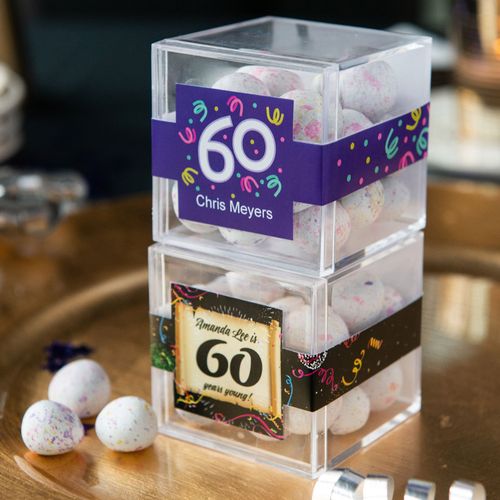 Personalized Milestone 60th Birthday JUST CANDY® favor cube with Premium Confetti Cookie Bites