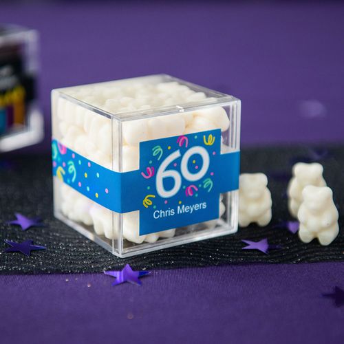 Personalized Milestone 60th Birthday JUST CANDY® favor cube with Gummy Bears