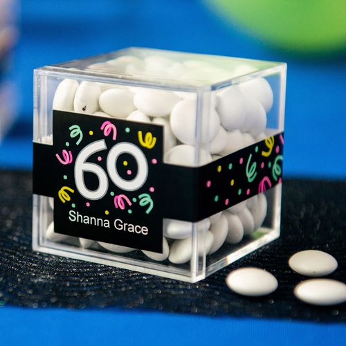Personalized Milestone 60th Birthday JUST CANDY® favor cube with Just Candy Milk Chocolate Minis