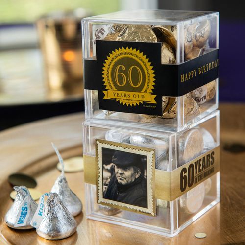 Personalized Milestone 60th Birthday JUST CANDY® favor cube with Hershey's Kisses