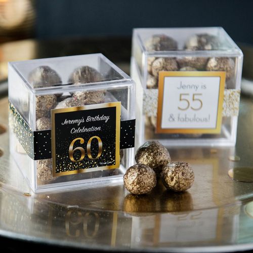 Personalized Milestone 60th Birthday JUST CANDY® favor cube with Premium Sparkling Prosecco Cordials - Dark Chocolate
