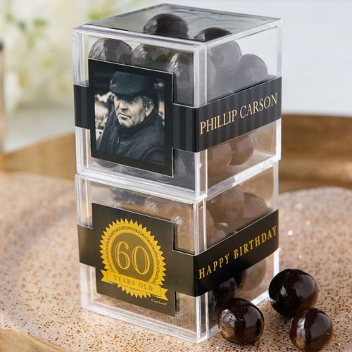 Personalized Milestone 60th Birthday JUST CANDY® favor cube with Premium Rum Cordials - Dark Chocolate