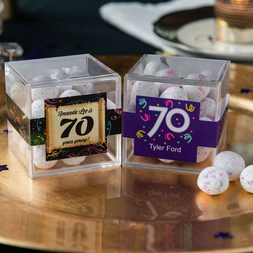 Personalized Milestone 70th Birthday JUST CANDY® favor cube with Premium Confetti Cookie Bites