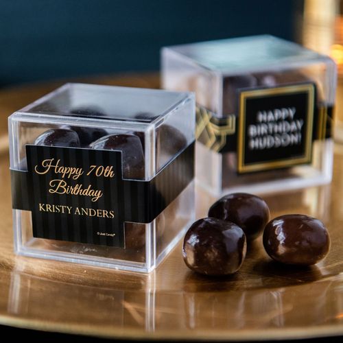 Personalized Milestone 70th Birthday JUST CANDY® favor cube with Premium Milk & Dark Chocolate Sea Salt Caramels