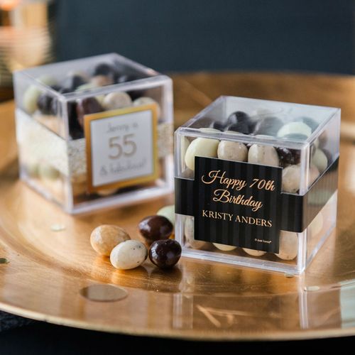 Personalized Milestone 70th Birthday JUST CANDY® favor cube with Premium New York Espresso Beans