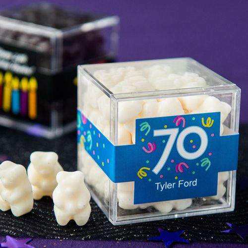 Personalized Milestone 70th Birthday JUST CANDY® favor cube with Gummy Bears