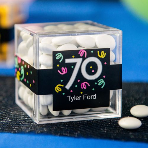 Personalized Milestone 70th Birthday JUST CANDY® favor cube with Just Candy Milk Chocolate Minis