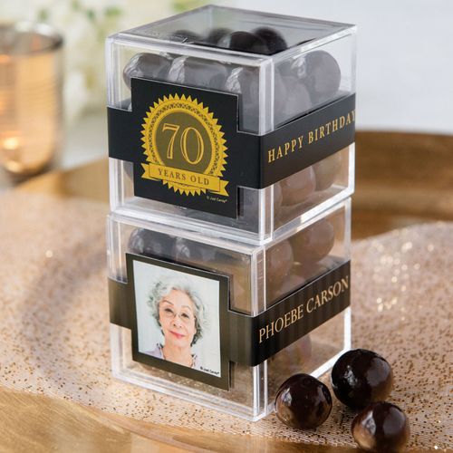 Personalized Milestone 70th Birthday JUST CANDY® favor cube with Premium Rum Cordials - Dark Chocolate