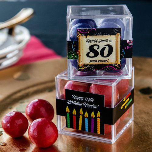 Personalized Milestone 80th Birthday JUST CANDY® favor cube with Premium Malted Milk Balls