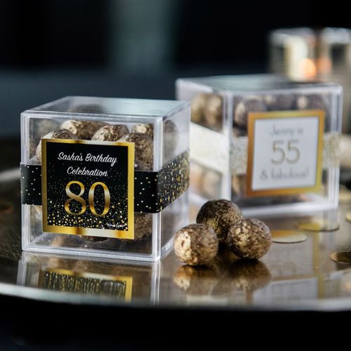 Personalized Milestone 80th Birthday JUST CANDY® favor cube with Premium Sparkling Prosecco Cordials - Dark Chocolate