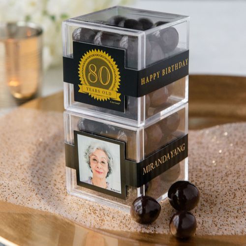 Personalized Milestone 80th Birthday JUST CANDY® favor cube with Premium Rum Cordials - Dark Chocolate