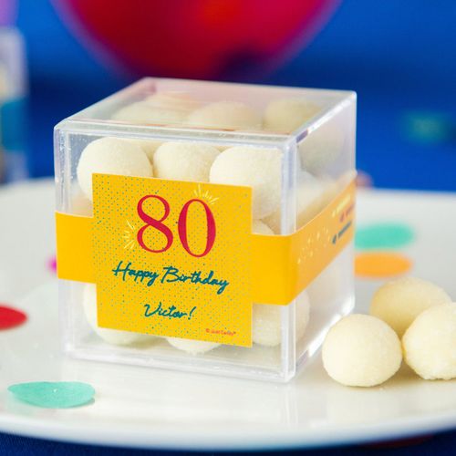 Personalized Milestone 80th Birthday JUST CANDY® favor cube with Premium Sugar Cookie Bites