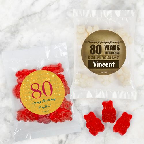 Personalized Milestone 80th Birthday Candy Bags with Gummi Bears