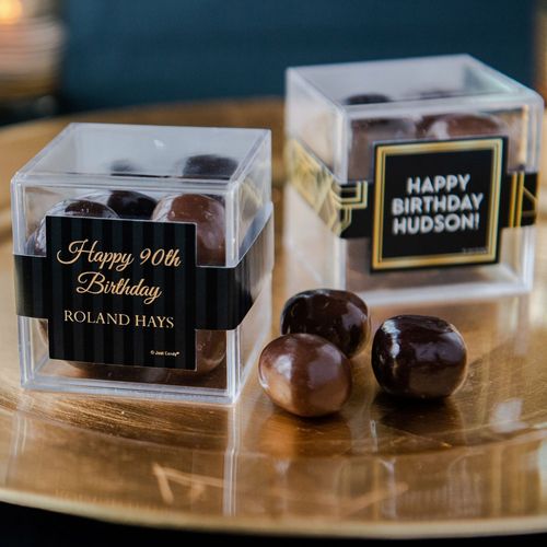 Personalized Milestone 90th Birthday JUST CANDY® favor cube with Premium Milk & Dark Chocolate Sea Salt Caramels