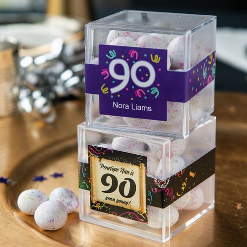 Personalized Milestone 90th Birthday JUST CANDY® favor cube with Premium Confetti Cookie Bites