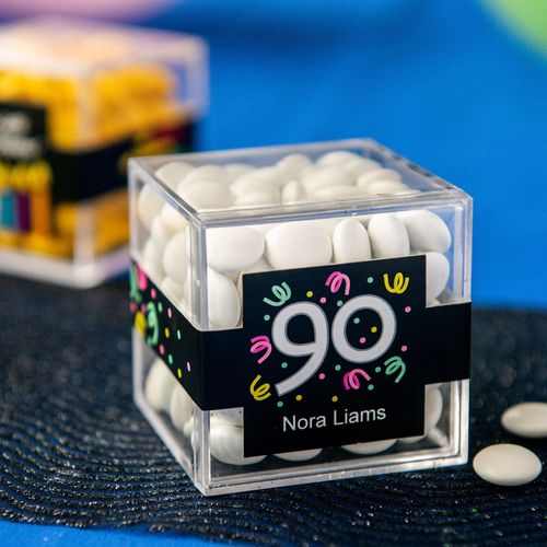 Personalized Milestone 90th Birthday JUST CANDY® favor cube with Just Candy Milk Chocolate Minis