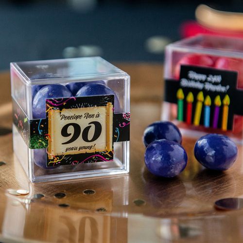 Personalized Milestone 90th Birthday JUST CANDY® favor cube with Premium Malted Milk Balls