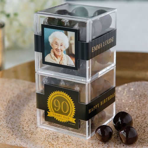 Personalized Milestone 90th Birthday JUST CANDY® favor cube with Premium Rum Cordials - Dark Chocolate