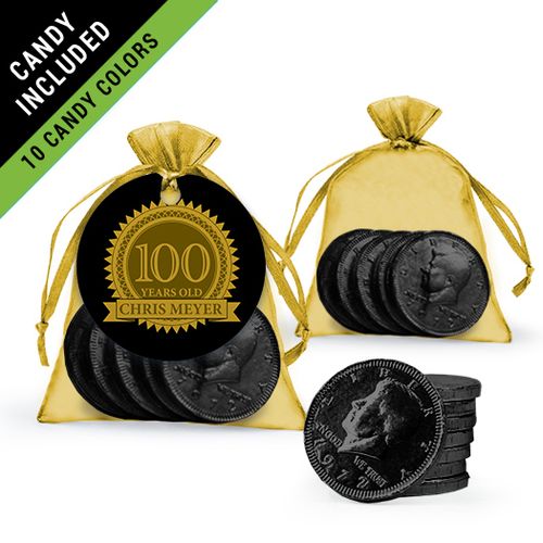 Personalized Milestones 100th Birthday Favor Assembled Gift tag, Organza Bag Filled with Milk Chocolate Coins