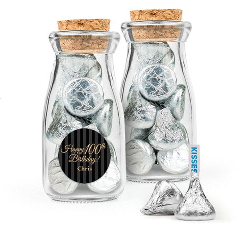 Personalized Milestones 100th Birthday Favor Assembled Glass Bottle with Cork Top Filled with Hershey's Kisses