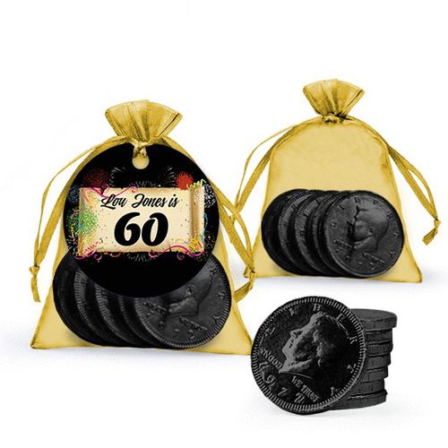 Personalized Milestones 60th Birthday Favor Assembled Gift tag, Organza Bag Filled with Milk Chocolate Coins