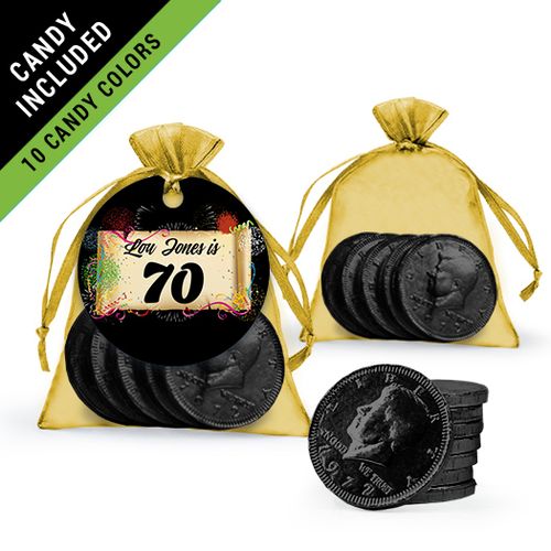 Personalized Milestones 70th Birthday Favor Assembled Gift tag, Organza Bag Filled with Milk Chocolate Coins