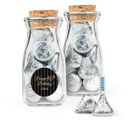 Personalized Milestones 90th Birthday Favor Assembled Glass Bottle with Cork Top Filled with Hershey's Kisses