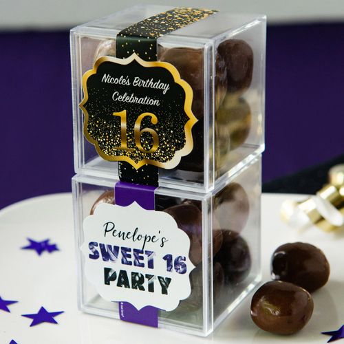 Personalized Sweet 16 Birthday JUST CANDY® favor cube with Premium Milk & Dark Chocolate Sea Salt Caramels