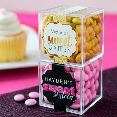 Personalized Sweet 16 Birthday JUST CANDY® favor cube with Just Candy Milk Chocolate Minis