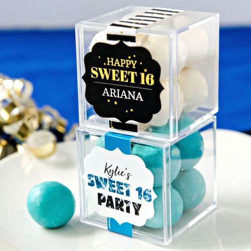 Personalized Sweet 16 Birthday JUST CANDY® favor cube with Premium Malted Milk Balls