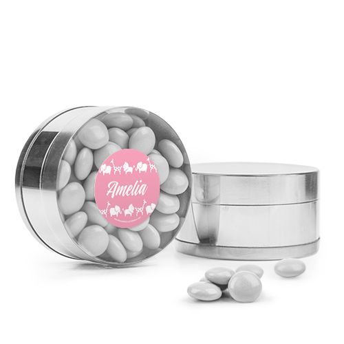 Personalized Girl Birth Announcement Favor Assembled Small Round Plastic Tin Filled with Just Candy Milk Chocolate Minis