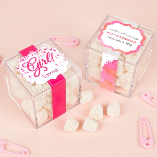 Personalized Girl Birth Announcement JUST CANDY® favor cube with Jelly Belly Gumdrops