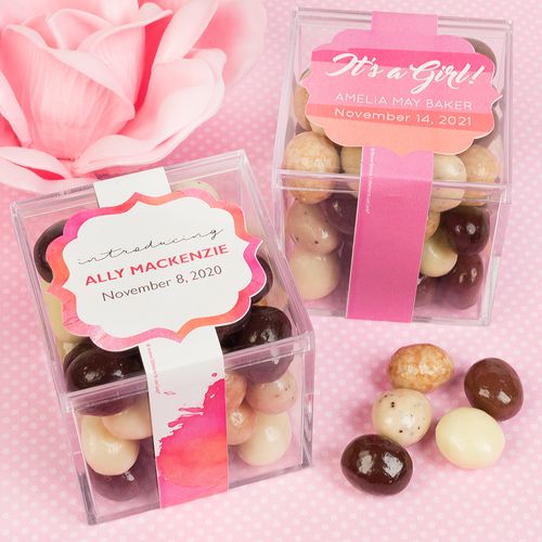 Personalized Girl Birth Announcement JUST CANDY® favor cube with Premium New York Espresso Beans