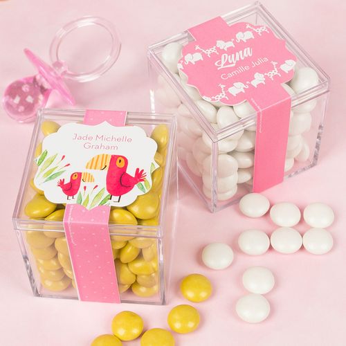 Personalized Girl Birth Announcement JUST CANDY® favor cube with Just Candy Milk Chocolate Minis